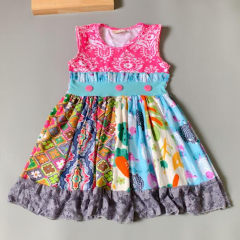 Boutique Pink Multi Print Sleeveless Ruffle Dress